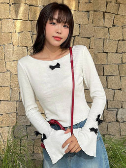 Outzidr - White Solid Bell Sleeves with Bow top