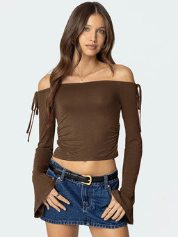 Outzidr - Brown Solid Off Shoulder Crop Top