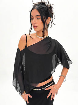 Outzidr - Black One Shoulder See Through Top