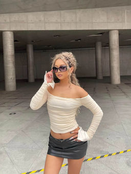 Outzidr - Beige Off Shoulder Solid Crop Top