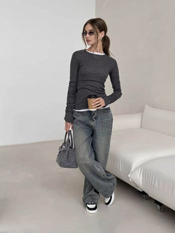 Outzidr - Grey Solid Ruched Bell Cuff Sleeved Top