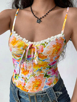 Outzidr - Multicolor Floral Printed Shoulder Strap Top