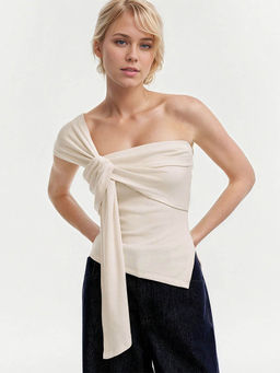 Outzidr - Cream One Shoulder Knot Front Sleeveless Top