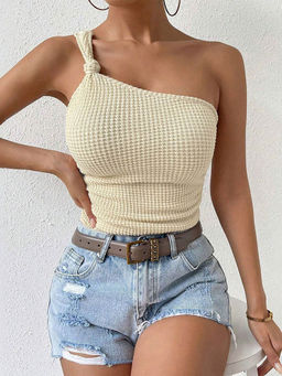 Outzidr - Cream One Shoulder Knot Top