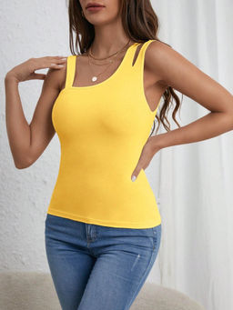 Outzidr - Yellow Solid Shoulder Strap Cut-Out Top
