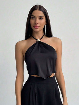 Outzidr - Black Halter Neck Buckle Attached Crop Top
