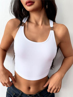 Outzidr - White Halter Neck Buckle Attached Crop Top