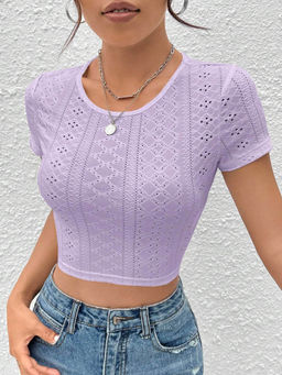 Outzidr - Lavender Self Design Knit Back Tie-Up Crop Top
