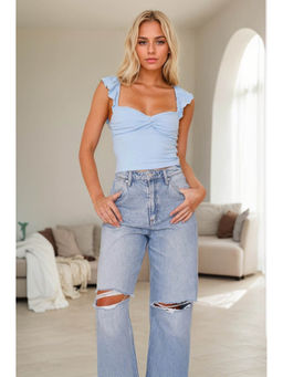 Outzidr - Light Blue Flare Sleeve Front Twisted Top