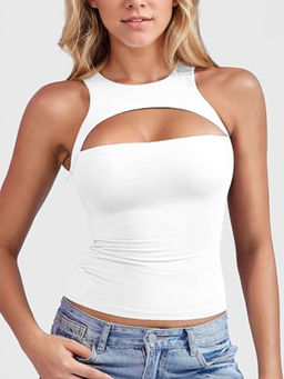 Outzidr - White Sleeveless Round Neck Fitted Top