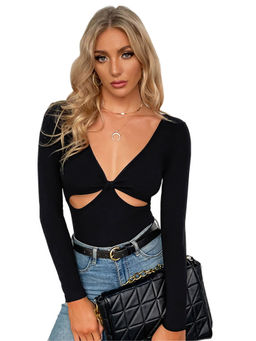 Outzidr - Black Solid Full Sleeve Front Cut-Out Top