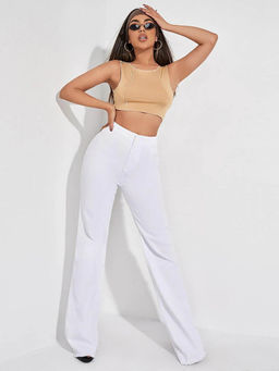 Outzidr - Beige Solid Sleeveless Fitted Crop Top