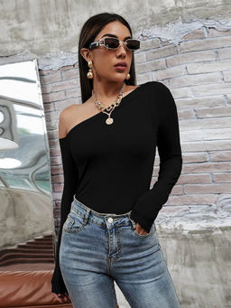 Outzidr - Black Solid One Shoulder Full Sleeve Top