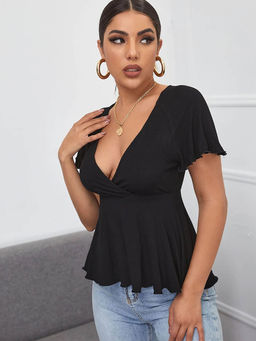 Outzidr - Black Flouncy Hem Solid Top