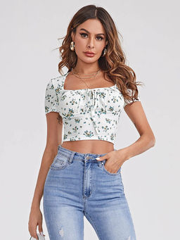Outzidr - White Short Sleeve Printed Crop Top
