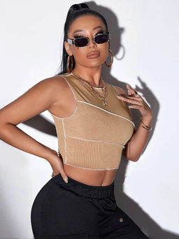 Outzidr - Khaki Sleeveless Contrast Seam Crop Top