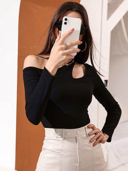 Outzidr - Black Solid Full Sleeve Cut-Out Detail Top