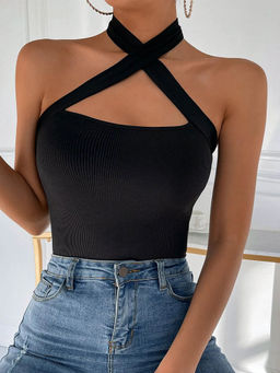 Outzidr - Black Solid Cross Halter Fitted Top