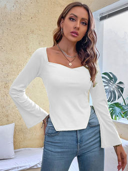 Outzidr - White Solid Bell Sleeve Side Slit Top