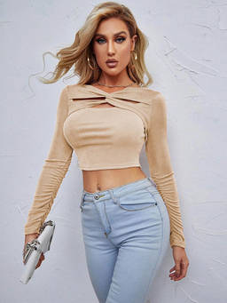 Outzidr - Khaki Full Sleeve Front Twisted Crop Top