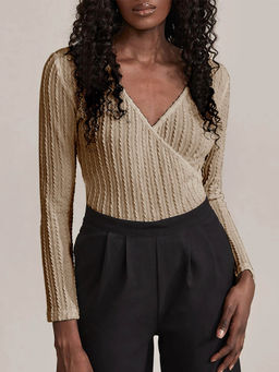 Outzidr - Khaki Textured Knit V-Neck Top