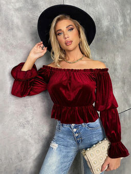 Outzidr - Maroon Solid Full Sleeved Off-Shoulder Crop Top