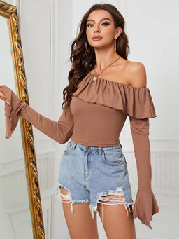 Outzidr - Brown Flounce Sleeve Off Shoulder Top