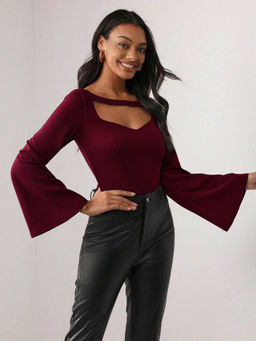 Outzidr - Maroon Solid Bell Sleeved Fitted Top