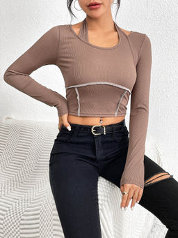 Outzidr - Brown Cut Out with Frayed Hem Crop Top