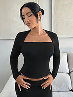 Outzidr - Black Solid Wide Square Neck Fitted Top