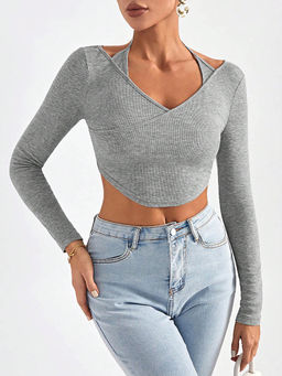 Outzidr - Grey Solid Wrap with Halter Neck Crop Top