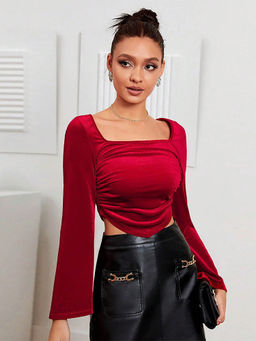 Outzidr - Red Square Neck with Ruching Top