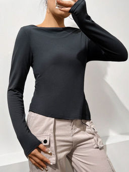 Outzidr - Grey Solid Boat Neck Back Cowl Top