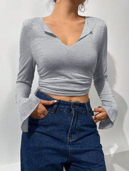 Outzidr - Grey Basic V Neck Full Sleeve with Slit Top