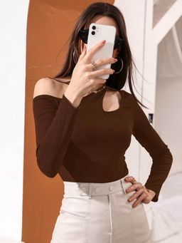 Outzidr - Brown Solid Cut Out Sleeve Top