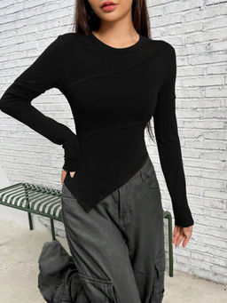 Outzidr - Black Solid Full Sleeve Fitted Top