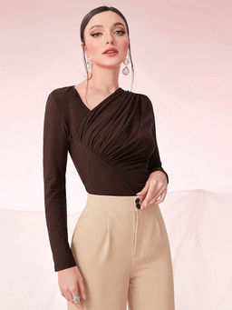 Outzidr - Brown Asymmetric Neckline Side Ruching Top