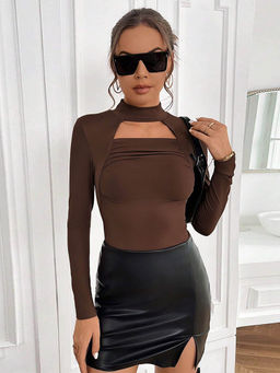 Outzidr - Brown Solid High Neck Cut Out Top