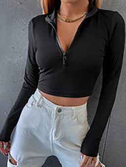 Outzidr - Black Zip Up Full Sleeve Crop Top