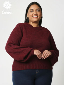Twenty Dresses by Nykaa Fashion - Curve Maroon Solid Crew Neck Sweater