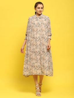 Shree - Women Georgette Beige Floral Beads and Stones Midi Dress with Inner (Set of 2)