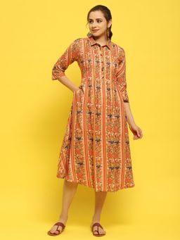 Shree - Women Liva Peach Floral Printed Midi Dress