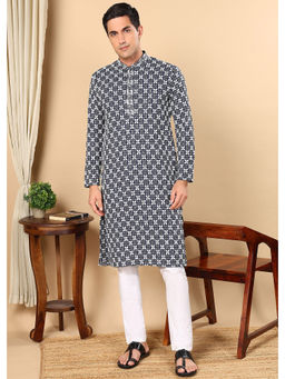 TATTVA - Navy Blue Embroidered Kurta and Pyjama (Set of 2)