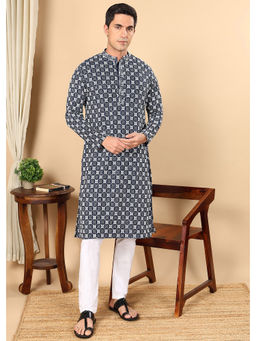 TATTVA - Navy Blue Embroidered Kurta and Pyjama (Set of 2)