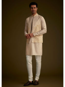 KALKI FASHION - Beige Solid Kurta with Jacket and Pyjama (Set of 3)