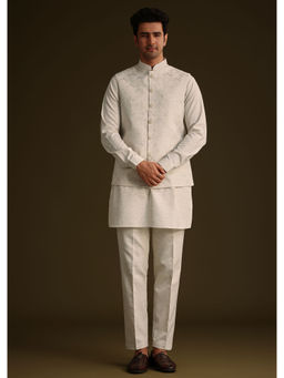 KALKI FASHION - Off White Embroidered Kurta with Jacket and Pyjama (Set of 3)