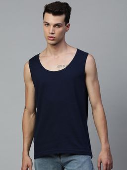 Huetrap - Mens Navy Sleeveless Round Neck Solid Tee