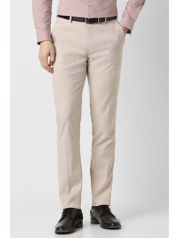 Peter England - Beige Solid Polyester Blend Slim Fit Trouser