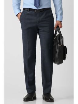 Van Heusen - Navy Blue Checks Polyester Blend Slim Fit Trouser