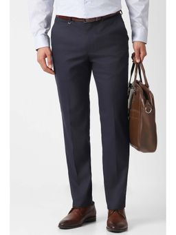 Van Heusen - Navy Blue Solid Polyester Blend Slim Fit Trouser
